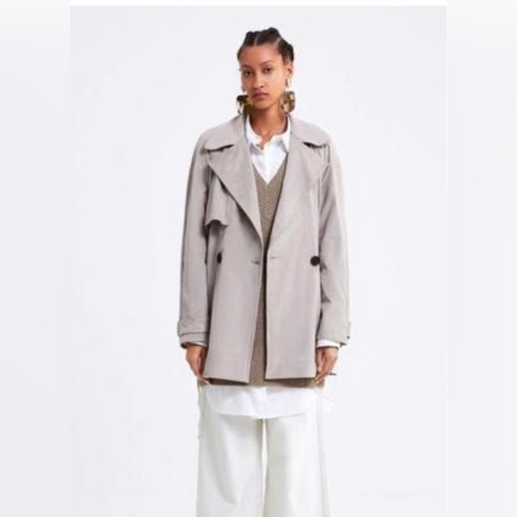 Zara Faux Suede Draped Stone Beige Trench Coat Size Medium Button Front - Picture 1 of 7